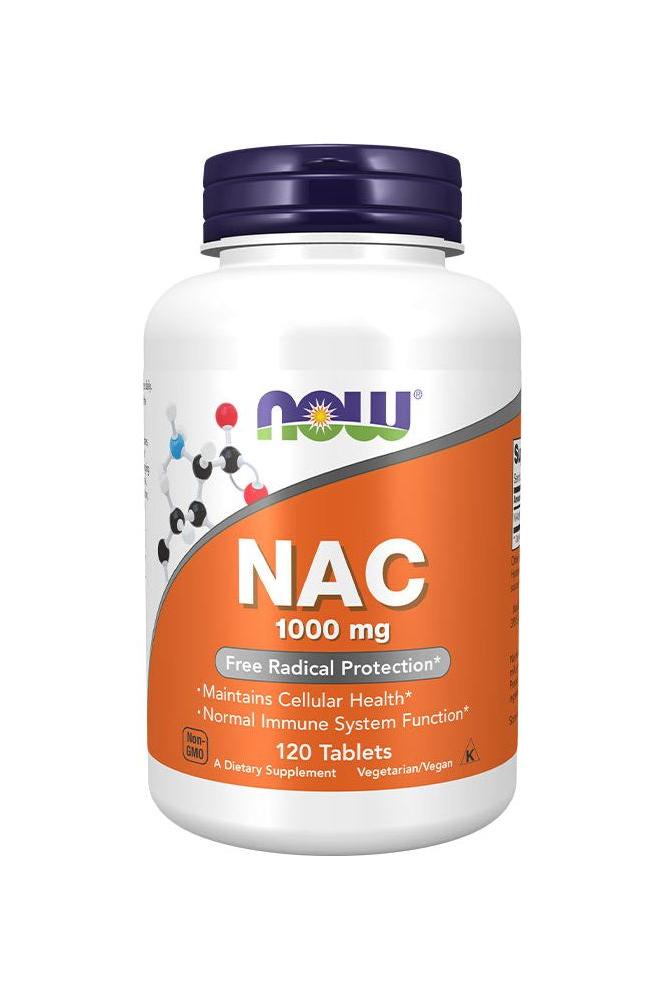 Now Foods NAC 1000 mg supplement bottle, supports cellular health and immune function, 120 tablets.