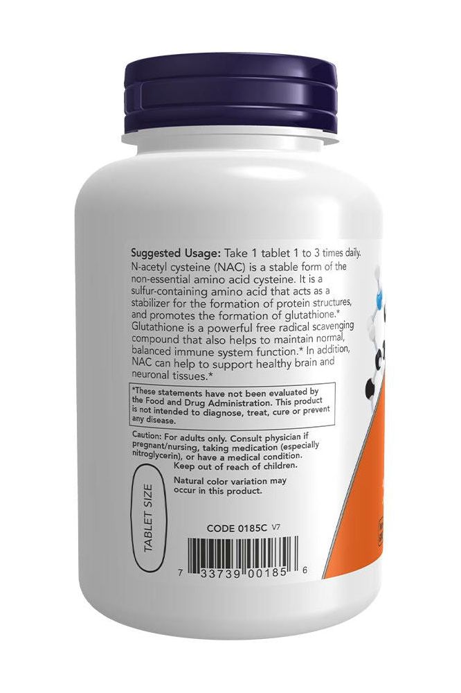 Now Foods NAC Acetyl-Cysteine 1000 mg supplement bottle back view with usage instructions and ingredients.
