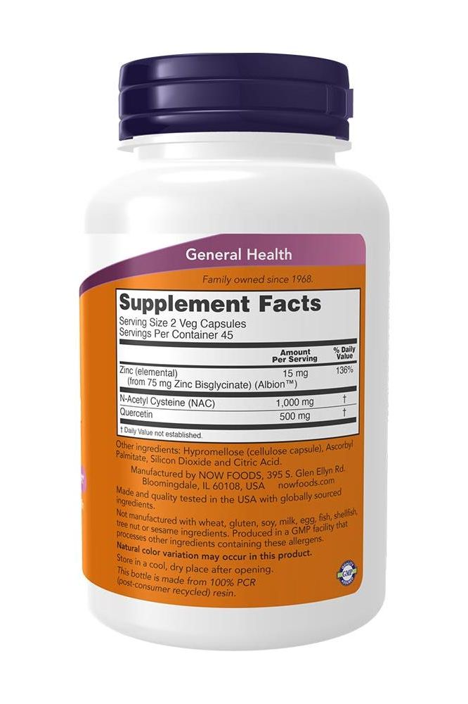 Now Foods NAC Quercetin & Zinc 90 Veg Capsules supplement facts for immune health support.