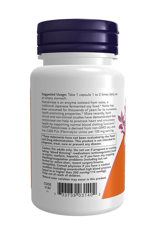 Now Foods Nattokinase 100 mg bottle showing usage directions and health benefits of nattokinase.