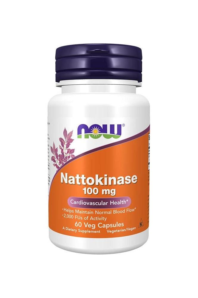 Now Foods Nattokinase 100 mg supplement bottle for cardiovascular health, supports normal blood flow, 60 veg capsules.