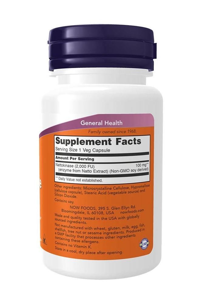Now Foods Nattokinase 100 mg supplement bottle with supplement facts and serving size information.