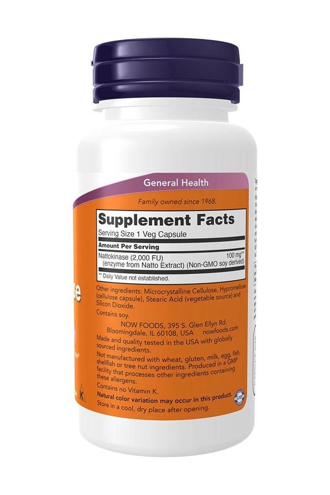 Now Foods Nattokinase 100 mg supplement bottle, supports normal blood flow, 2000 FU activity, 120 capsules.