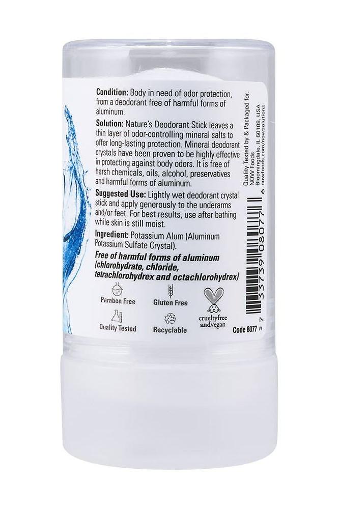 NOW Nature's Deodorant Stick with minerals for long-lasting odor protection, free from harmful aluminum, 99g.
