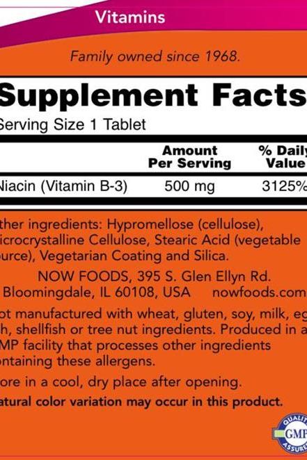Supplement facts label for Now Foods Niacin 500 mg tablets, detailing ingredients and nutritional information.