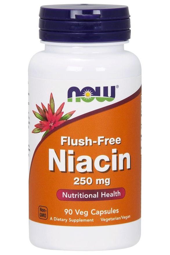 NOW Foods Flush-Free Niacin 250 mg supplement bottle for nutritional health, containing 90 vegetarian capsules.