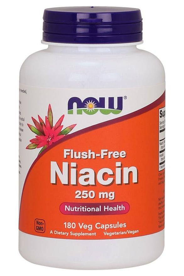 NOW Foods Flush-Free Niacin supplement bottle, 250 mg in 180 vegetarian capsules for nutritional health.