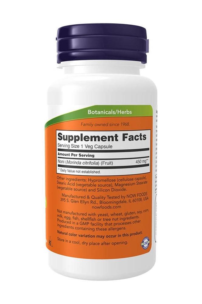 Now Foods Noni 450 mg supplement facts on veg capsule bottle, highlighting polysaccharides and phytonutrients.
