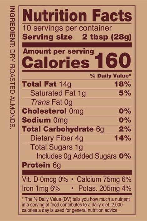 Nutritional facts for Now Foods Roasted Almond Butter, detailing calories and nutrients per serving size.