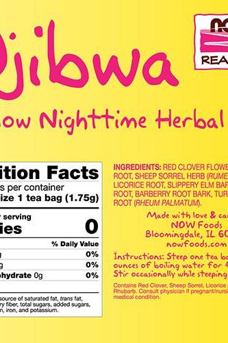 Nutrition facts and ingredients of Now Foods Ojibwa Tea herbal blend in yellow packaging.