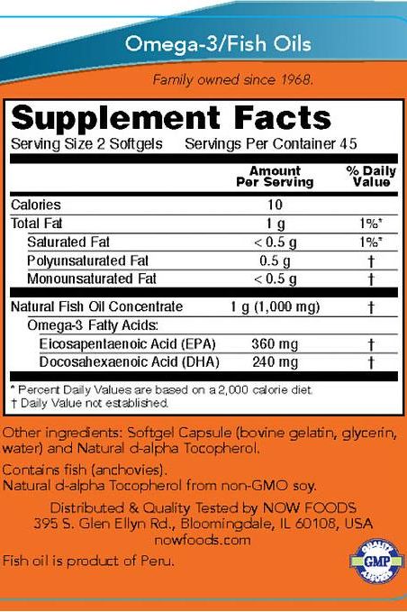 Supplement facts for Now Foods Omega-3 Mini Gels, detailing EPA, DHA, and other nutrients.