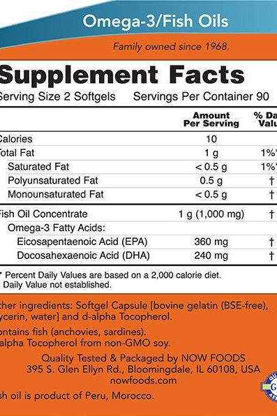 Supplement facts for Now Foods Omega-3 Mini Gels showing EPA and DHA content in softgels.