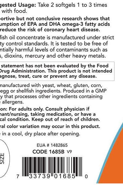Now Foods Omega-3 Mini Gels product label detailing usage, ingredients, and safety information.
