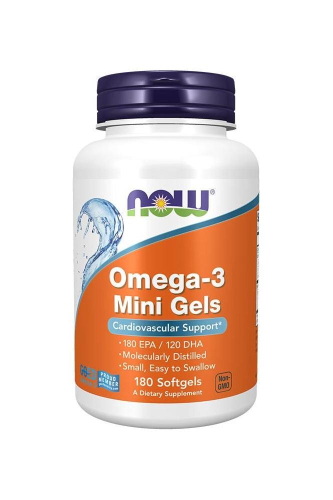 Now Foods Omega-3 Mini Gels bottle, 180 EPA/120 DHA, molecularly distilled, easy to swallow dietary supplement.
