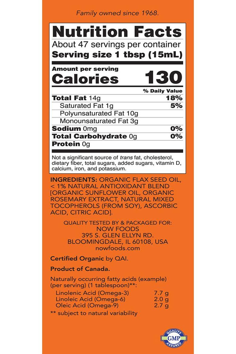 Nutrition facts label for Now Foods Organic Flax Seed Oil, showing calories and serving details.