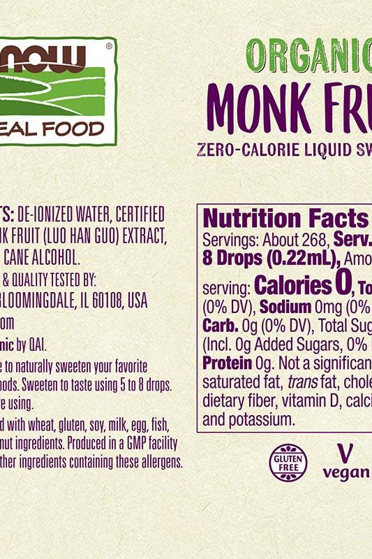 Now Foods Organic Liquid Monk Fruit label showcasing its zero-calorie sweetener benefits and nutrition facts.