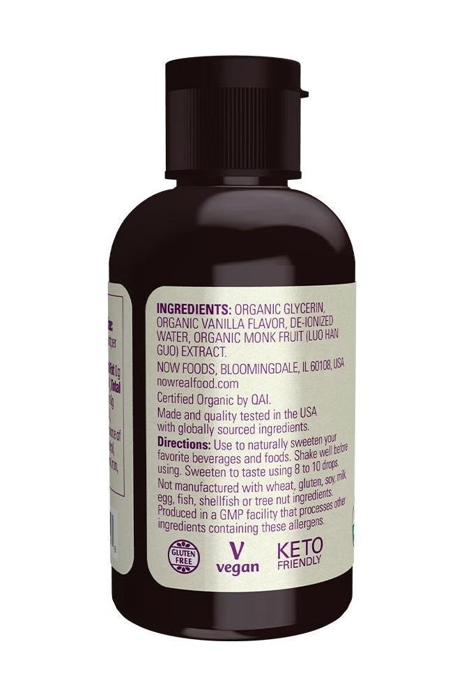 Now Foods organic liquid monk fruit sweetener bottle with ingredient list and usage directions.