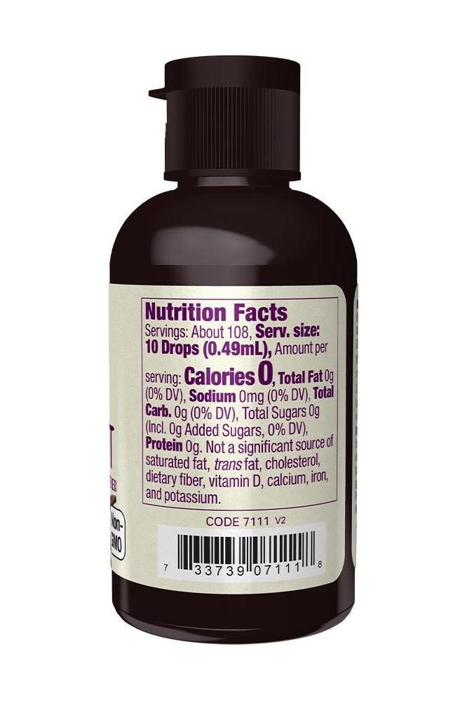 Now Foods Organic Liquid Monk Fruit bottle nutrition facts label, showing zero calories and no added sugars.