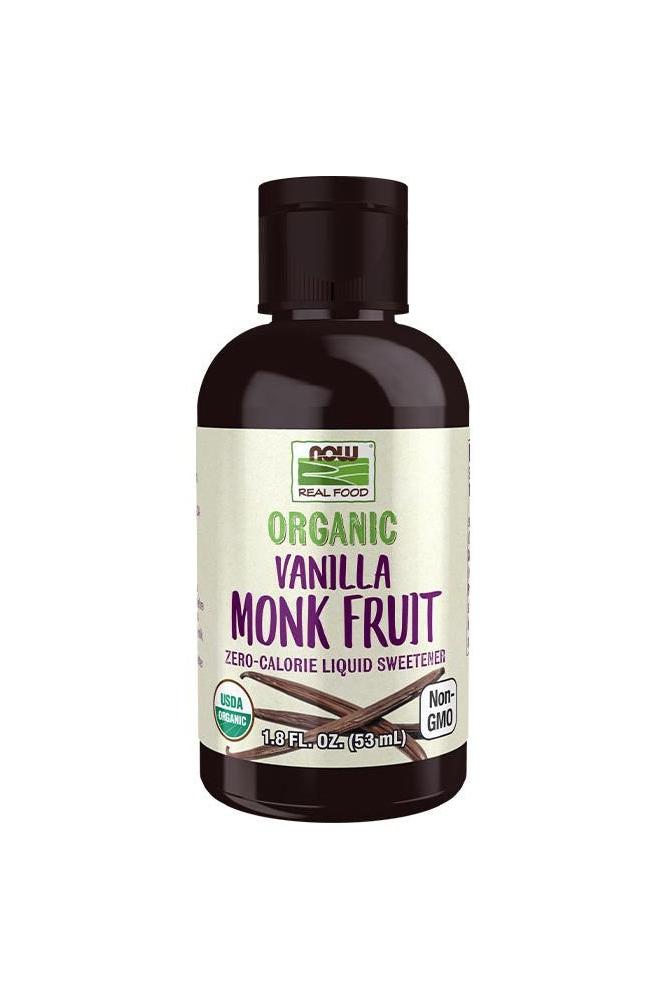 Now Foods Organic Vanilla Monk Fruit liquid sweetener, zero-calorie, non-GMO, healthy sugar alternative.