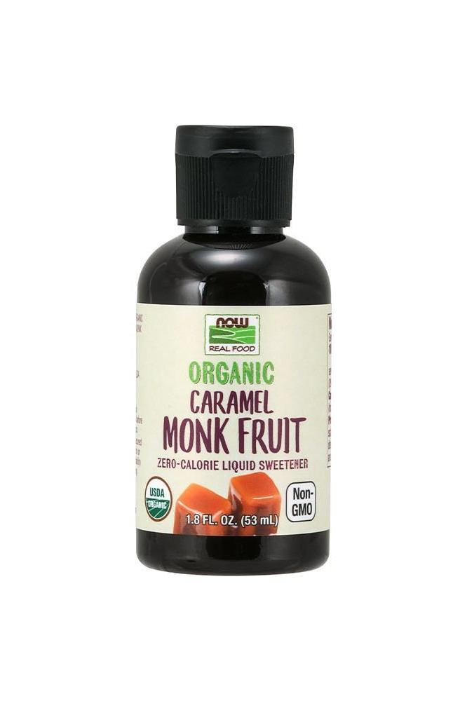 Bottle of Now Foods Organic Caramel Monk Fruit, zero-calorie liquid sweetener, 1.8 fl oz, Non-GMO.