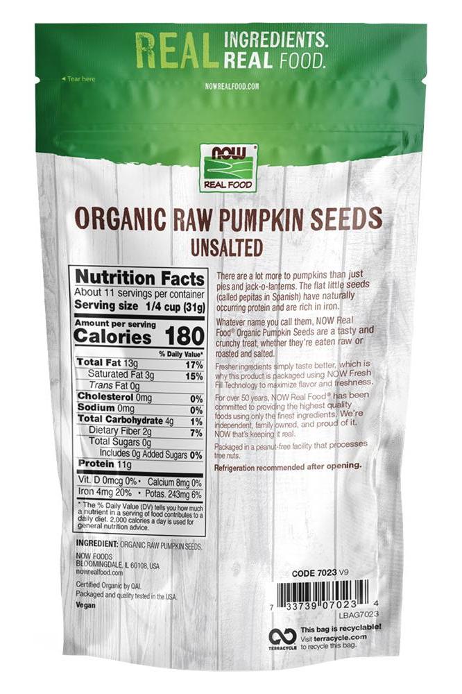 Now Foods Organic Raw Pumpkin Seeds package displaying nutrition facts and ingredients, unsalted, 340 g.