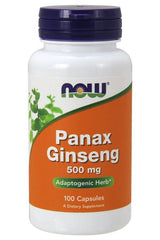 NOW Foods Panax Ginseng dietary supplement bottle with 500 mg and 100 capsules.