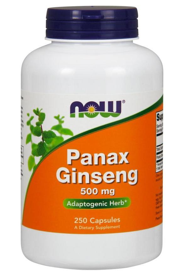 NOW Foods Panax Ginseng 500 mg capsules, 250 count, adaptogenic herbal supplement for wellness.