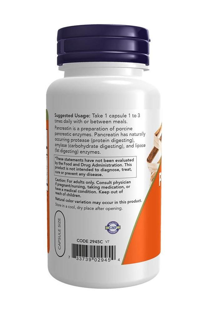 Back view of Now Foods Pancreatin 2000 bottle with suggested usage and ingredient information.