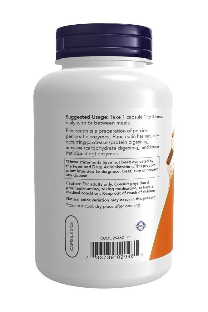 Now Foods Pancreatin 2000 supplement bottle with usage instructions for digestive support.