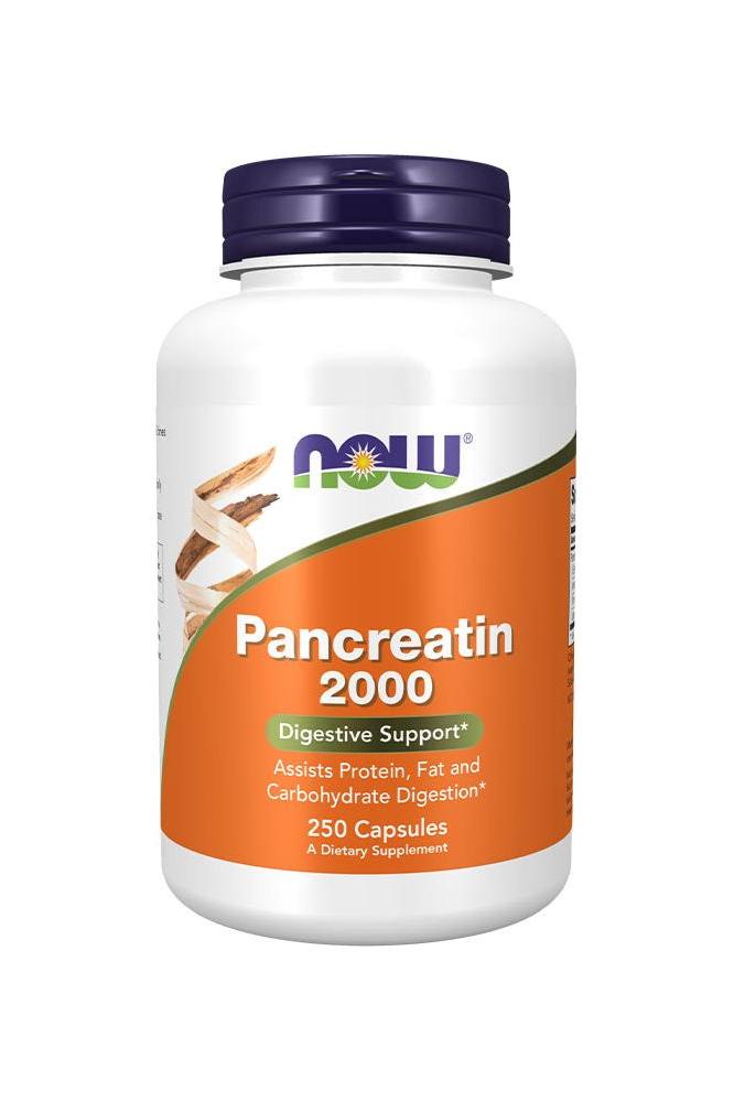 Now Foods Pancreatin 2000 supplement bottle for digestive support with 250 capsules to aid protein, fat, and carbohydrate digestion.
