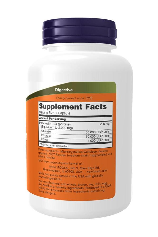 Bottle of Now Foods Pancreatin 2000 with supplement facts for digestive support.