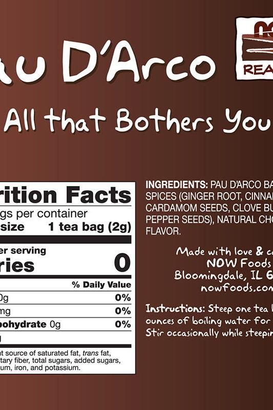 Pau D'Arco Tea packaging showing nutrition facts and ingredients list for herbal wellness benefits.