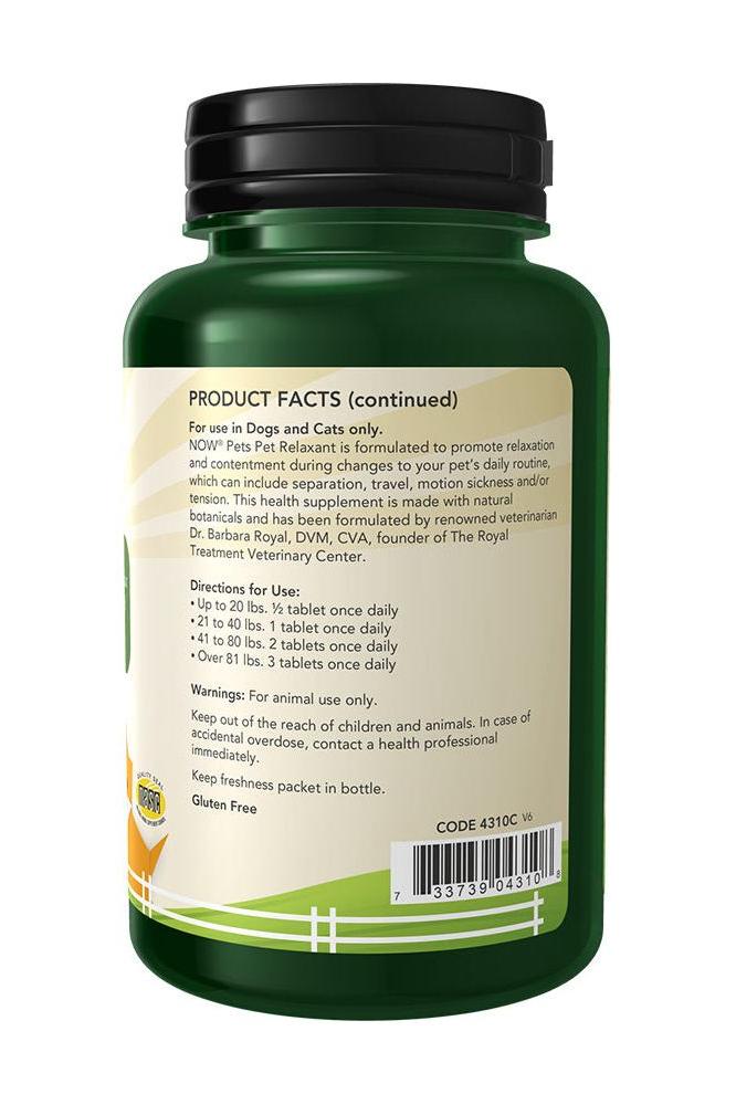 Now Foods Pet Relaxant chewable tablets bottle with product facts for dogs and cats, gluten-free, 90 chewables.