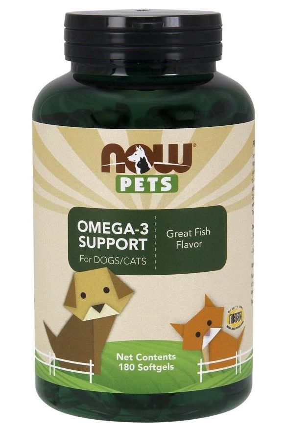 NOW Foods Pets Omega-3 Support softgels for dogs and cats, 180 count, with great fish flavor.