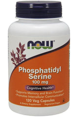 NOW Foods Phosphatidyl Serine 100 mg supplement bottle, supports memory and cognitive health, 120 vegan capsules.