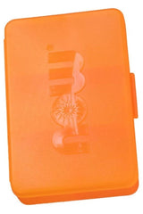 NOW Foods orange pillbox with six compartments for organizing capsules and tablets, ideal for travel.