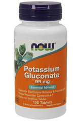 NOW Foods Potassium Gluconate 99 mg supplement bottle, supports electrolyte balance and muscle contraction, 100 tablets