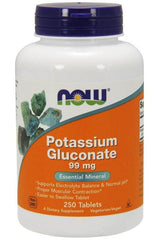 NOW Foods Potassium Gluconate supplement bottle, 250 tablets, supports electrolyte balance and normal pH.