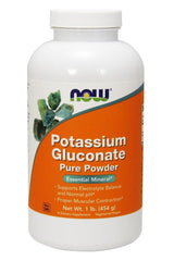 NOW Foods Potassium Gluconate supplement bottle, supports electrolyte balance and normal pH levels, essential mineral powder.