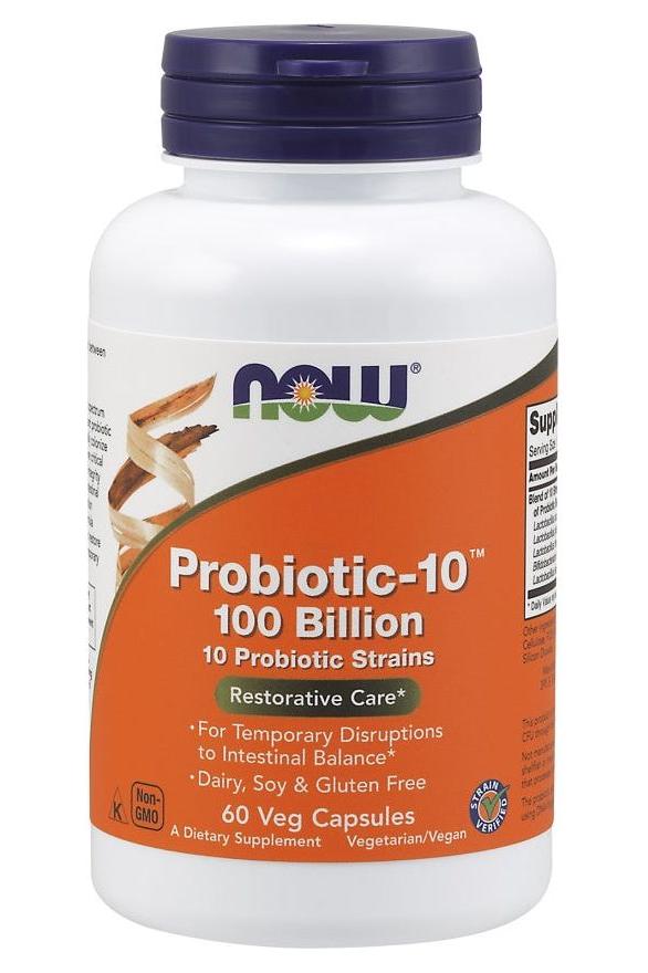NOW Foods Probiotic-10 supplement bottle with 10 probiotic strains for optimal digestive health.