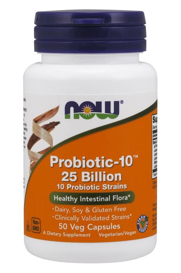 NOW Foods Probiotic-10 dietary supplement bottle with 25 billion probiotics for healthy digestion.