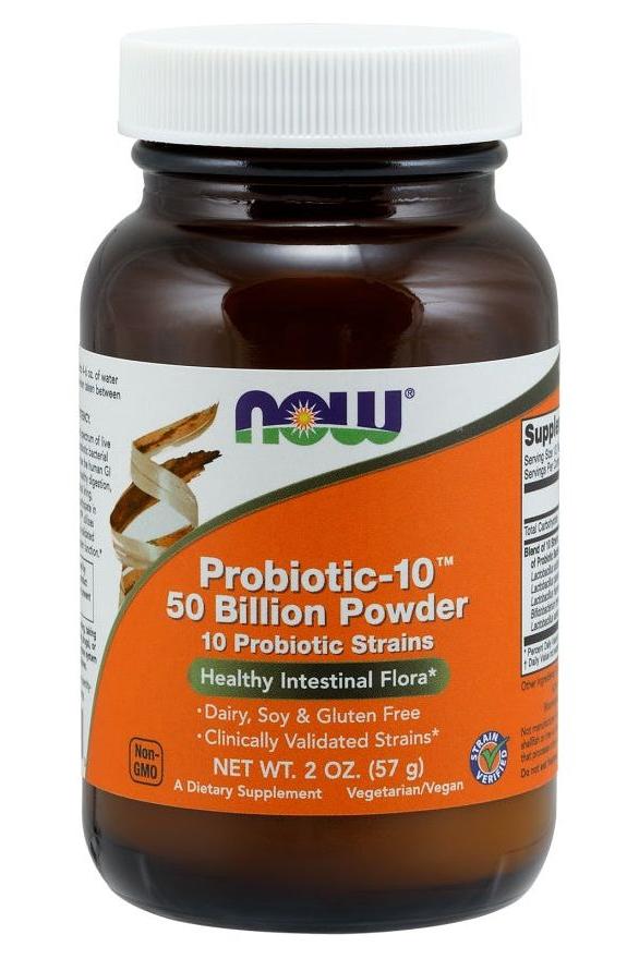 NOW Foods Probiotic-10 powder with 50 billion probiotic strains for healthy digestion, 2 oz container.