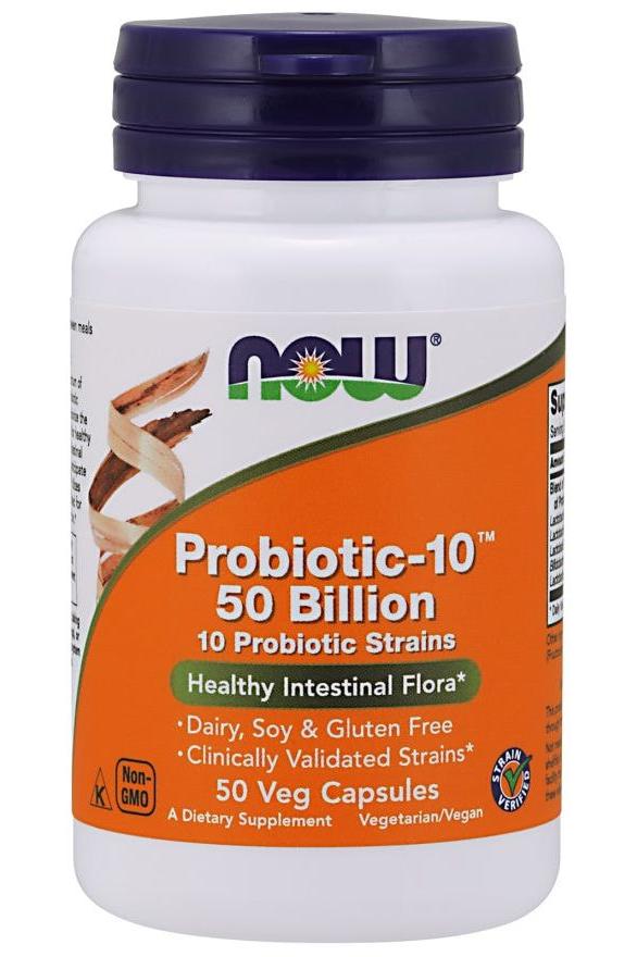 NOW Foods Probiotic-10 dietary supplement with 10 probiotic strains for healthy digestion, 50 billion CFUs, vegan capsules.