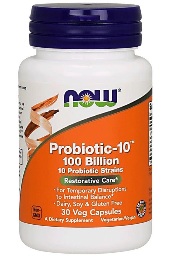 NOW Foods Probiotic-10 supplement bottle, 30 veg capsules for digestive health, featuring 10 probiotic strains.