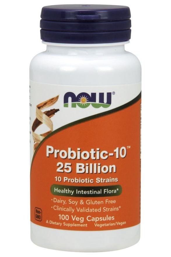 NOW Foods Probiotic-10 supplement bottle with 25 billion probiotics, supports healthy digestion, dairy-free, 100 capsules.