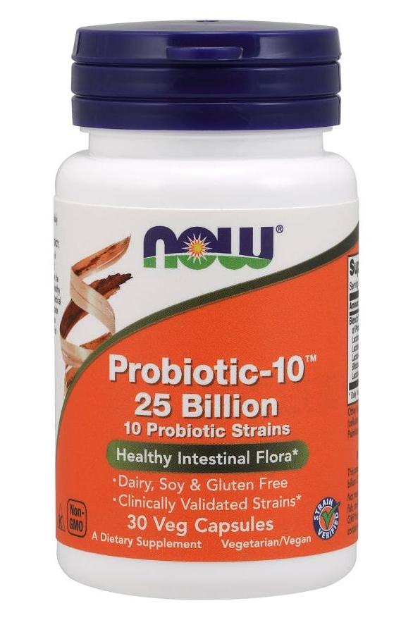 NOW Foods Probiotic-10 supplement featuring 10 probiotic strains for healthy digestion in a 30 veg capsule bottle.