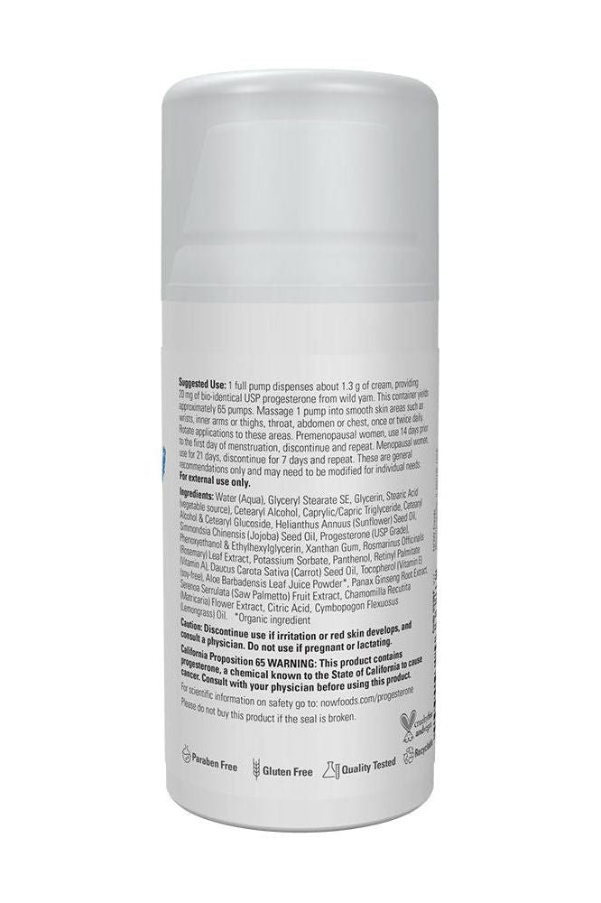 Now Foods Progesterone Skin Cream 85g, eco-friendly formula with 20mg progesterone per pump, gluten-free and quality tested.