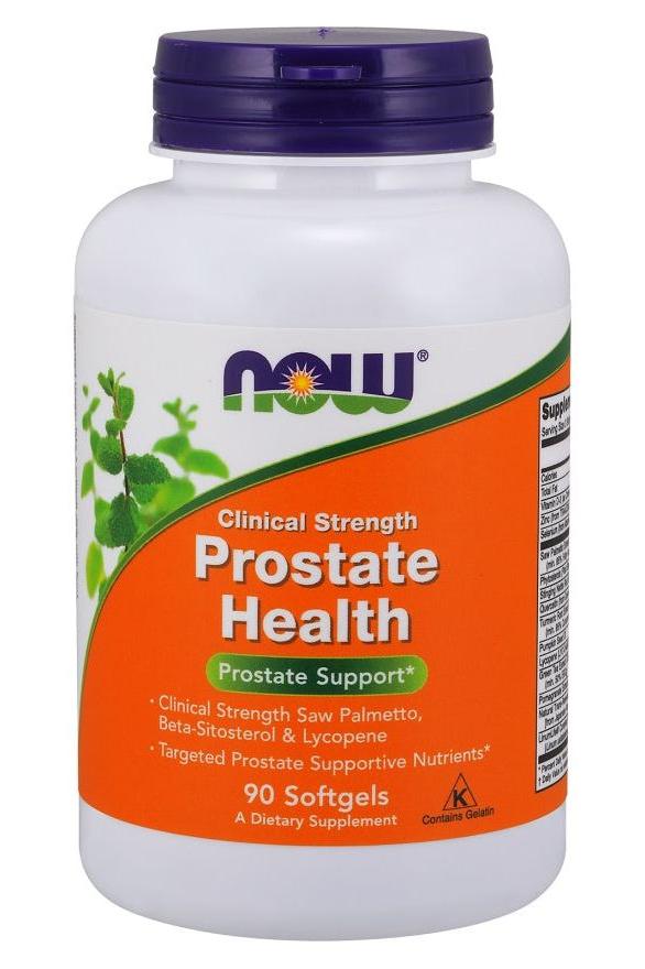 NOW Foods Prostate Health Clinical Strength supplement bottle with 90 softgels for prostate support.