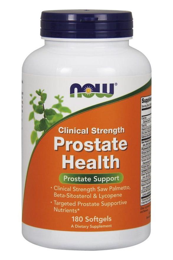 NOW Foods Prostate Health Clinical Strength supplement bottle with Saw Palmetto, Beta-Sitosterol, and Lycopene.