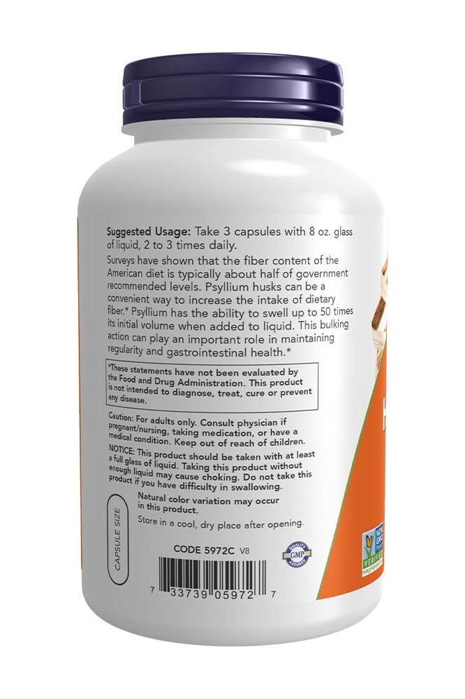 Now Foods Psyllium Husk 500 mg supplement bottle with usage instructions and dietary information.